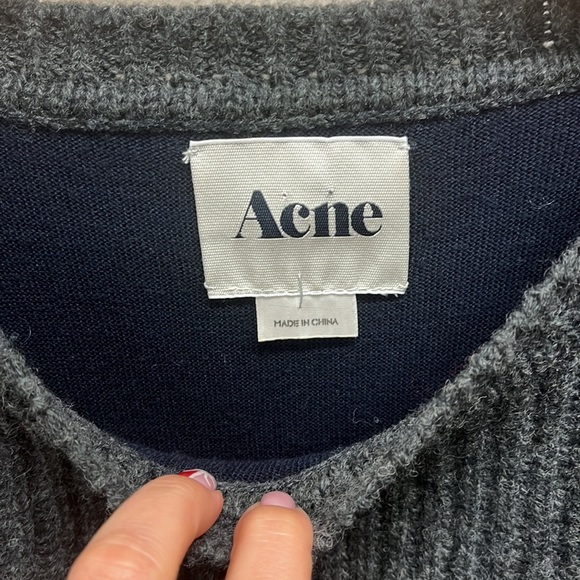 Acne Hurst Knit Long Sleeve Layered Sweater Navy & Gray Size M Merino Wool - Picture 5 of 10